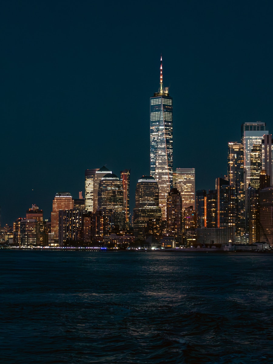 New york city skyline at night with illuminated buildings