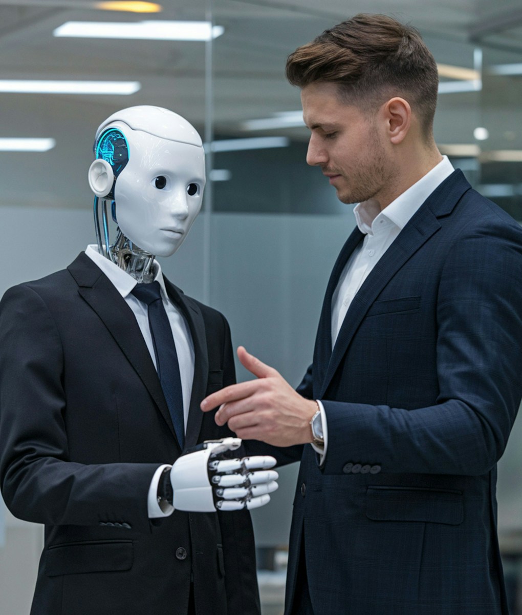 A man shakes hands with a robot.
